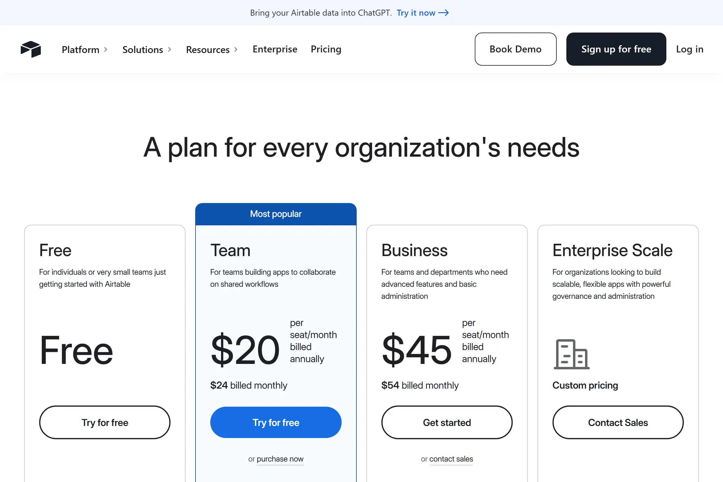 Airtable pricing page showing Free, Team, Business, and Enterprise plans as of March 2026