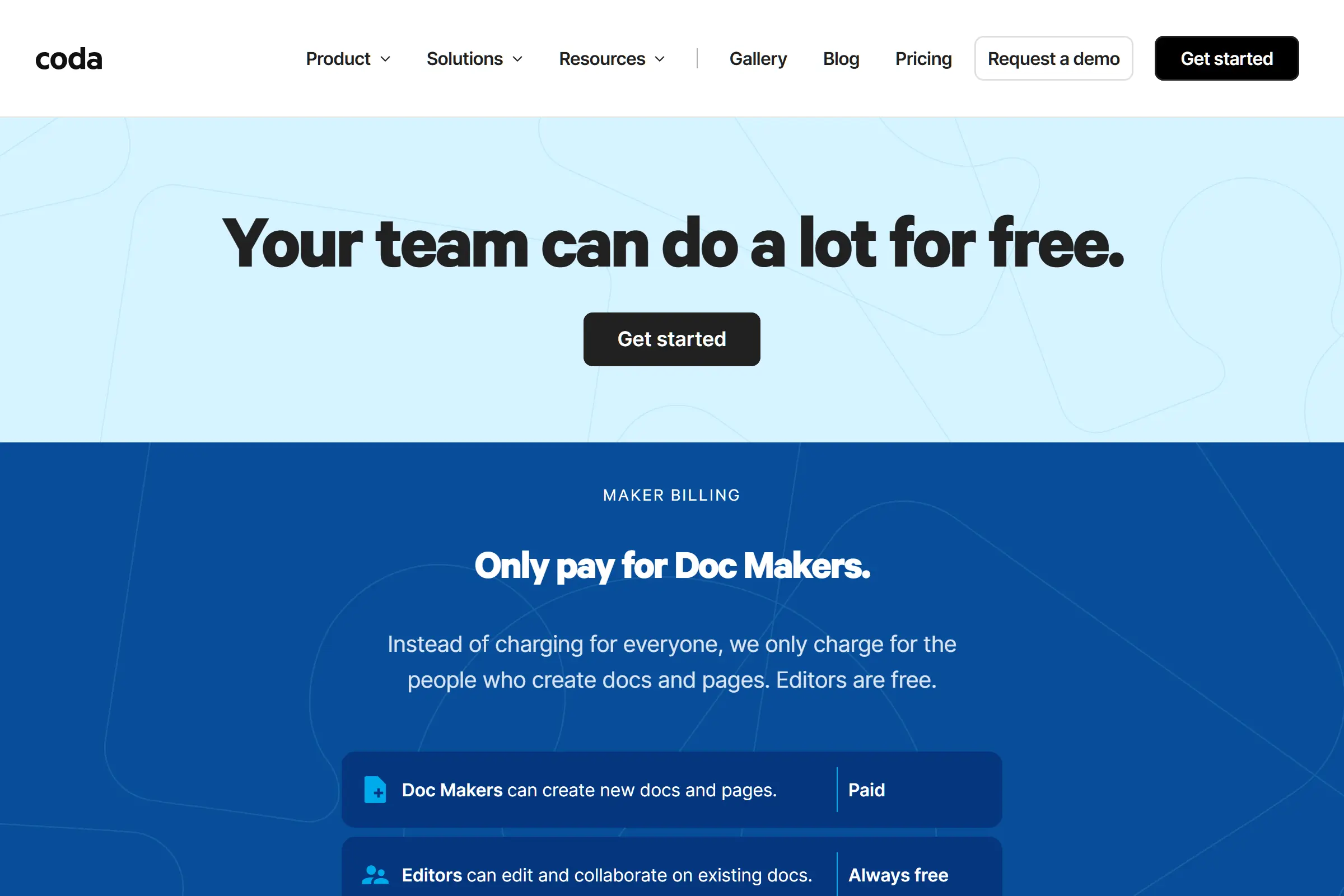 Coda pricing page showing Free, Pro at $10/user/month, Team, and Enterprise plans