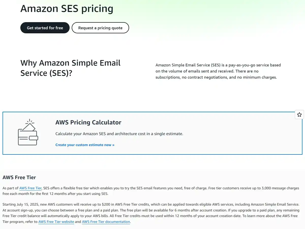 Amazon SES free tier details showing 3,000 emails per month for first 12 months and AWS Pricing Calculator