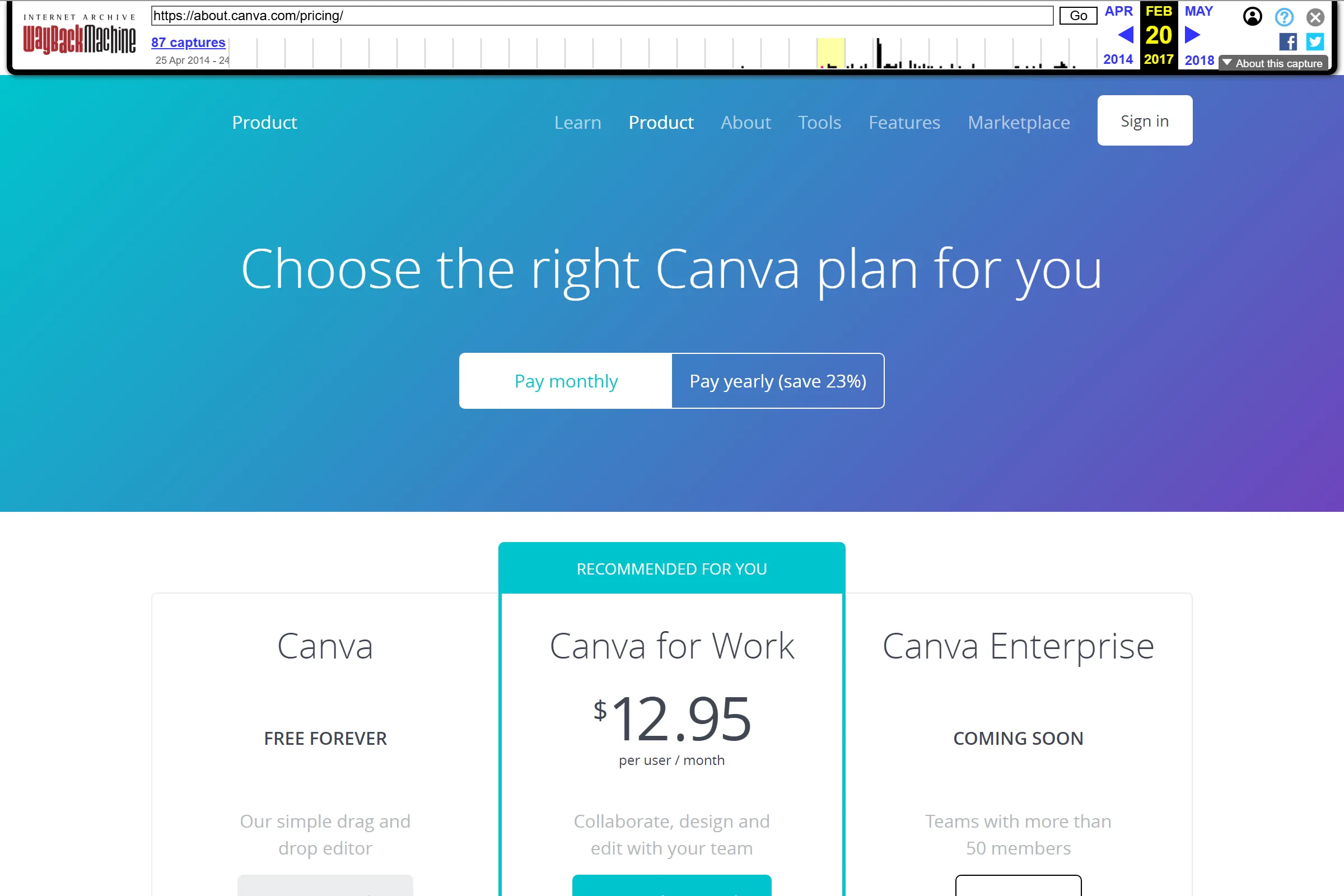 Canva for Work pricing page from 2015 showing $12.95 per user per month plan via Archive.org