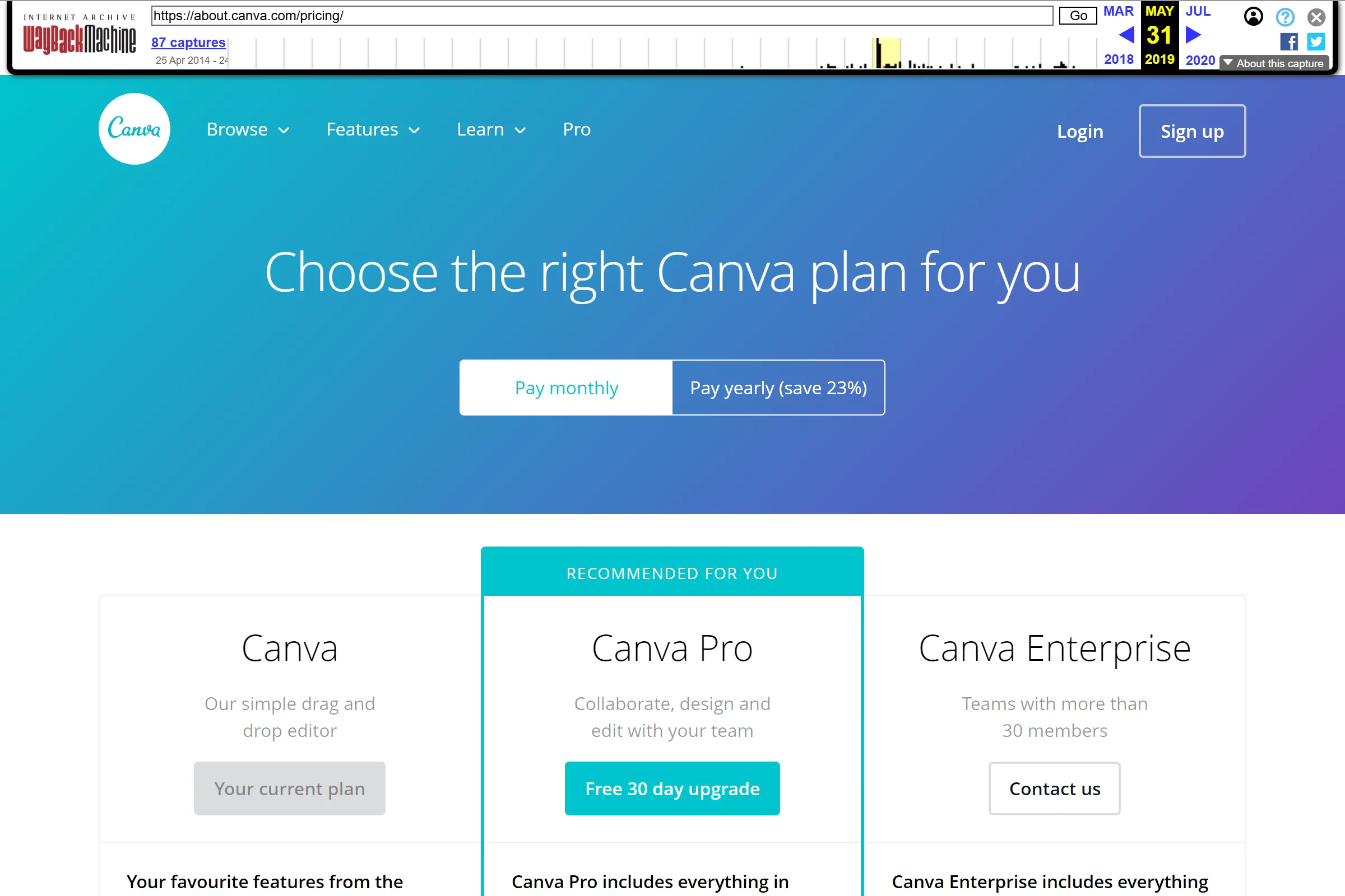 Canva pricing page from 2019 showing rebranded Canva Pro plan with Free 30 day upgrade via Archive.org