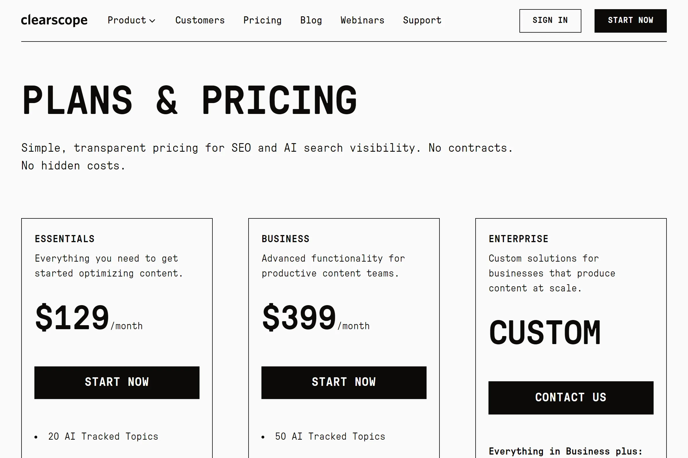 Clearscope pricing page showing Essentials at $129 per month, Business at $399 per month, and Enterprise custom pricing