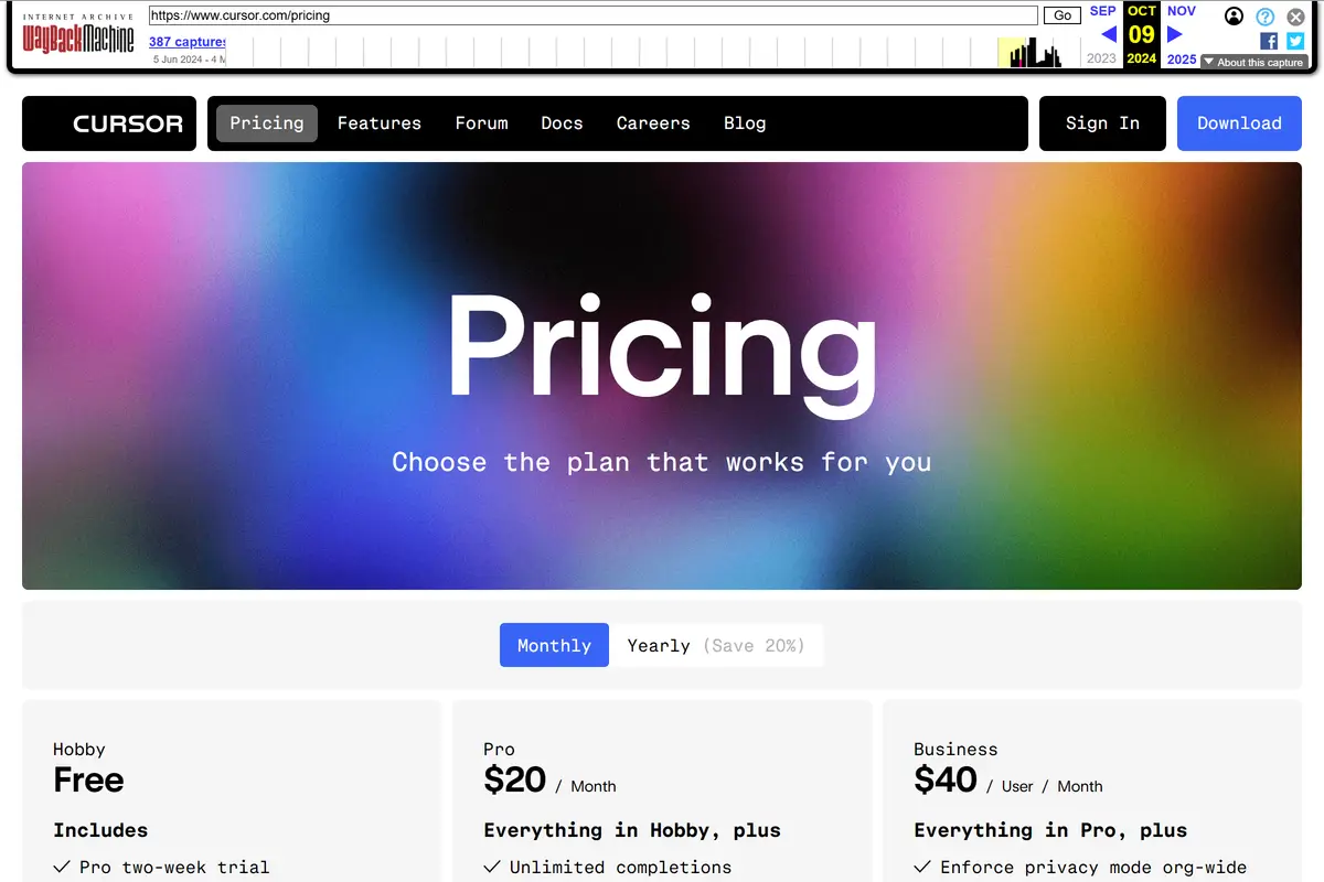 Cursor pricing page from 2024 via Archive.org showing original Pro plan at $20 per month with 500 requests