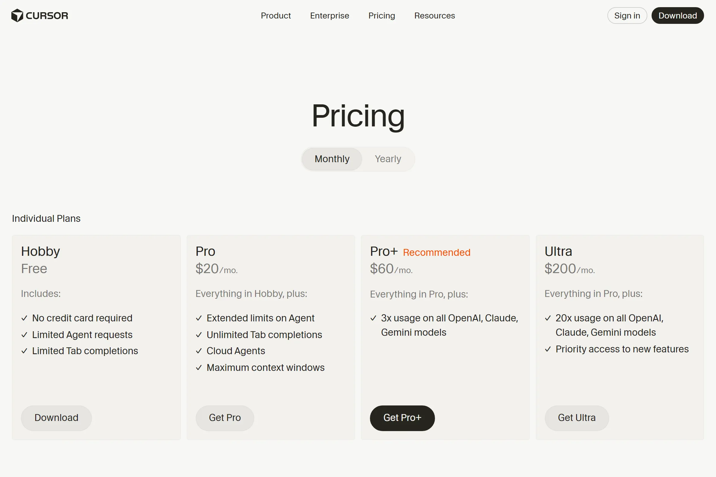 Cursor pricing page in 2026 showing Hobby free, Pro $20, Pro+ $60, Ultra $200 and Teams $40 per user plans