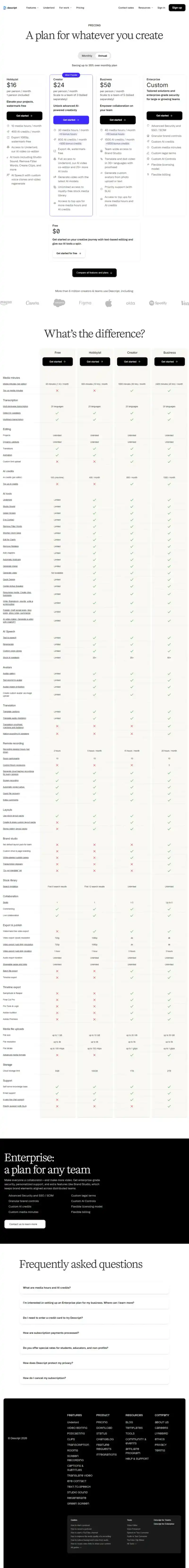 Descript pricing page February 2026 showing Hobbyist, Creator, and Business tiers