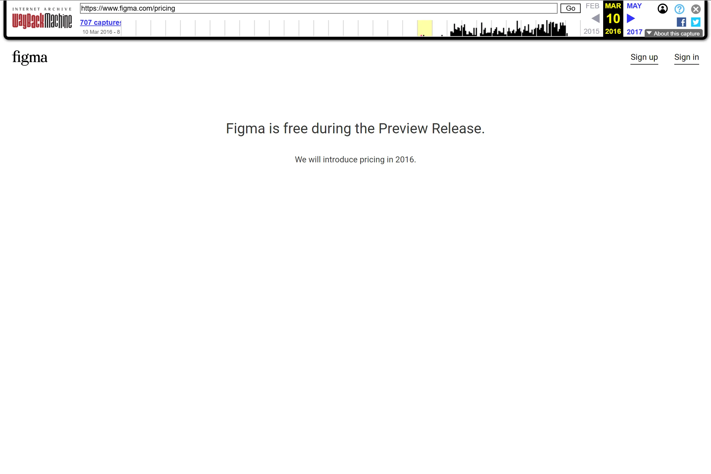 Figma in 2016 showing free preview release messaging