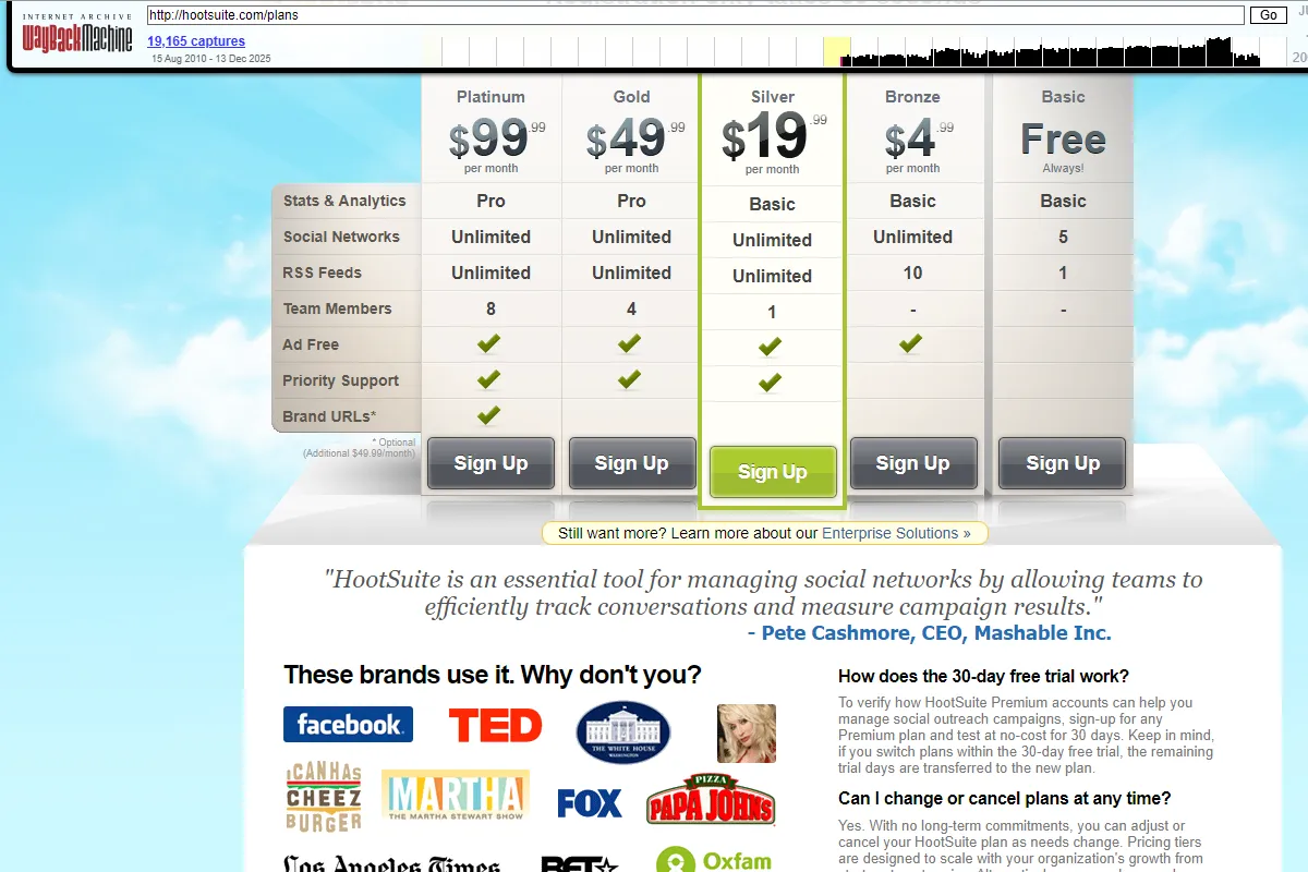 Hootsuite pricing page from August 2010 showing Bronze tier at $4.99/month