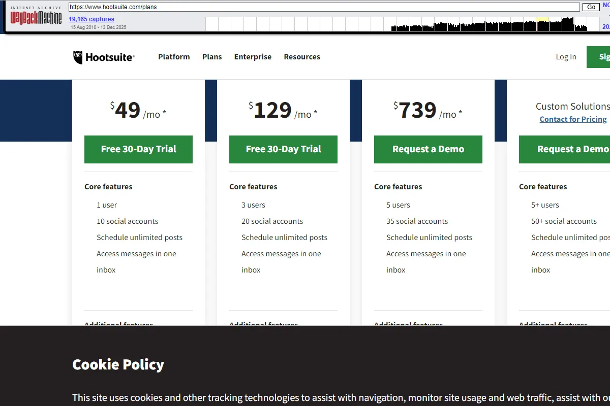 Hootsuite pricing page from 2022 showing enterprise pivot with Professional at $49/month and Business at $739/month