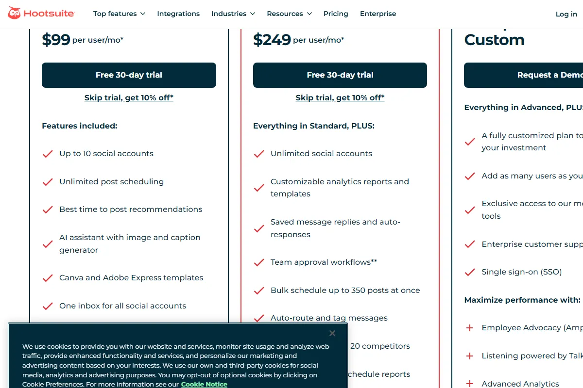 Hootsuite pricing page January 2025 showing Standard at $19/month and Advanced at $99/month