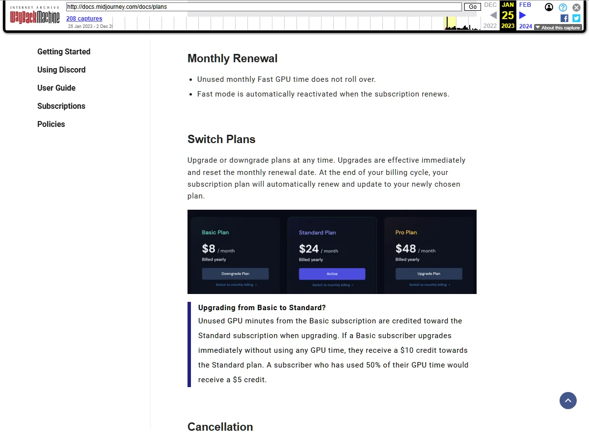 Midjourney pricing page in January 2023 showing free trial and Basic/Standard/Pro plans