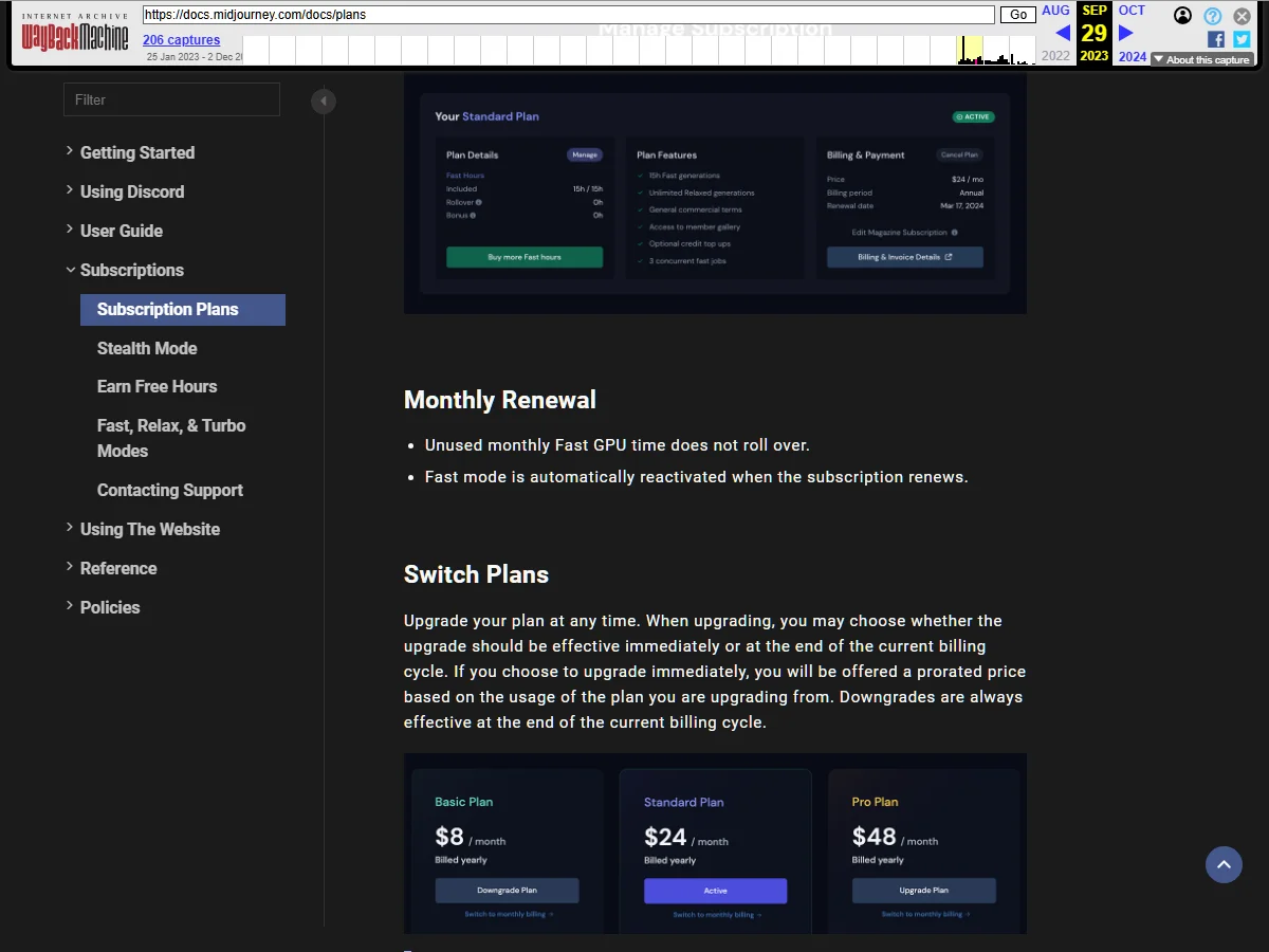 Midjourney pricing page in September 2023 showing Pro plan and no free trial