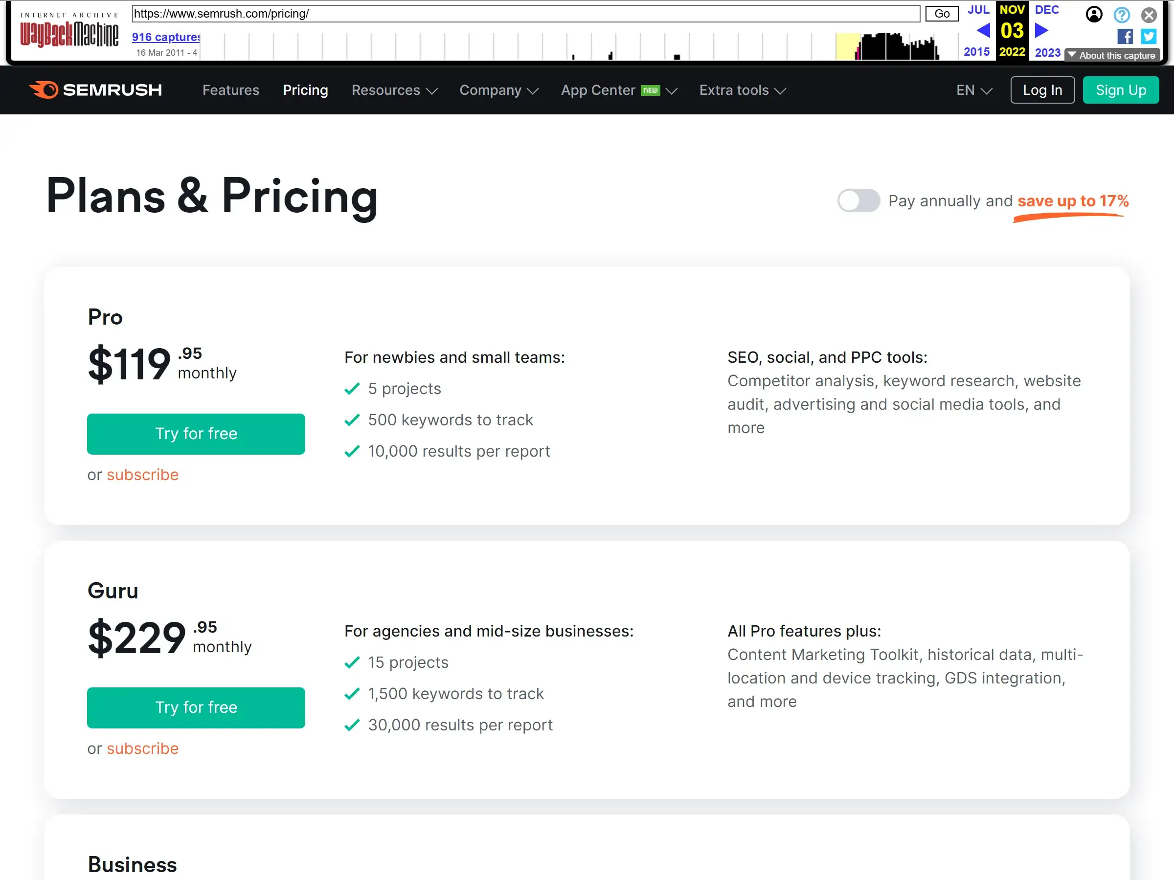 Semrush pricing page from November 2022 showing Pro at $119.95/month and Guru at $229.95/month - captured from Archive.org Wayback Machine