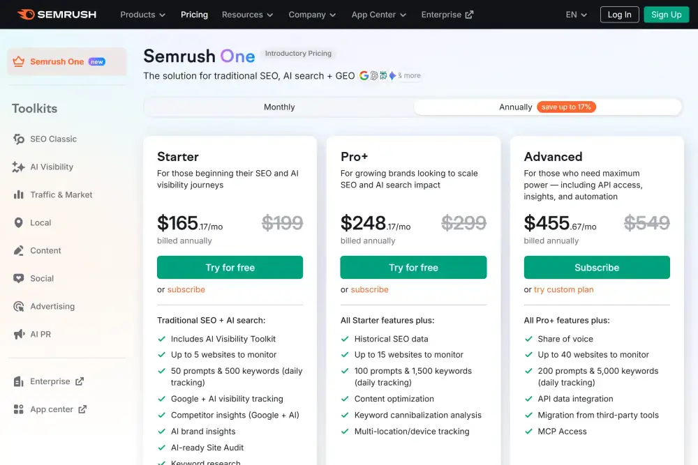 Semrush One pricing page February 2026 showing Starter at $199/month, Pro+ at $299/month, and Advanced at $549/month