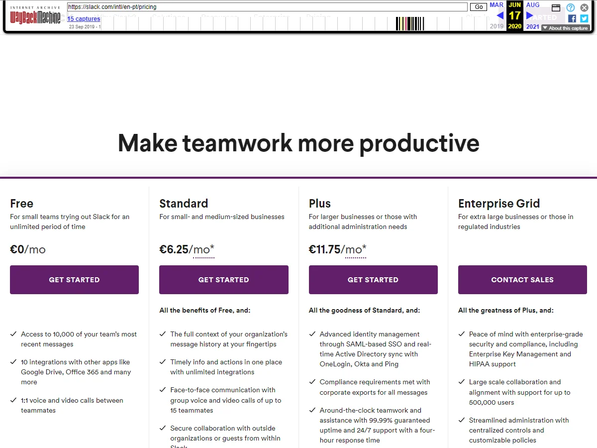 Slack pricing page from 2020 before Salesforce acquisition