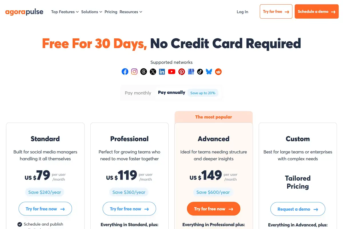 Agorapulse pricing page showing Free, Standard ($79/mo), Professional ($119/mo), and Advanced ($199/mo) plans
