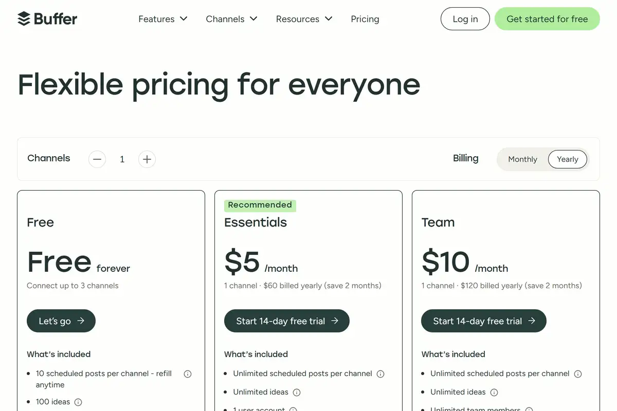 Buffer pricing page showing Free, Essentials ($5/channel), and Team ($10/channel) plans