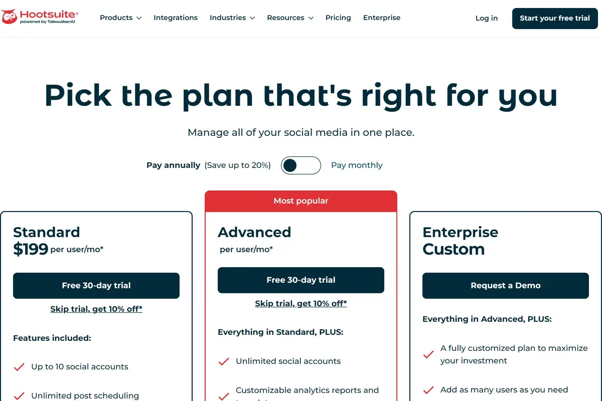 Hootsuite pricing page showing Standard ($19/mo), Advanced ($99/mo), and Enterprise plans