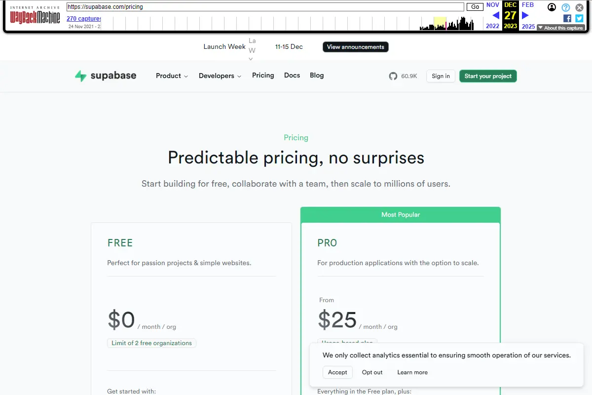 Archive.org snapshot of Supabase pricing page from late 2023 showing Free, Pro, Team, and Enterprise tiers