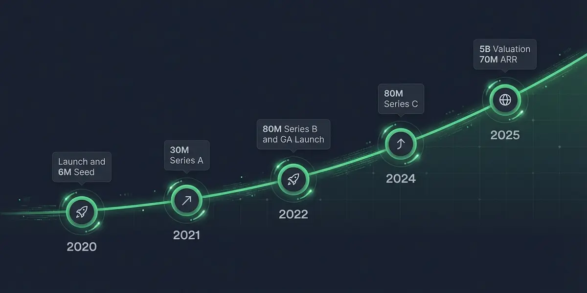 Supabase growth timeline showing funding rounds and revenue milestones from 2020 to 2026