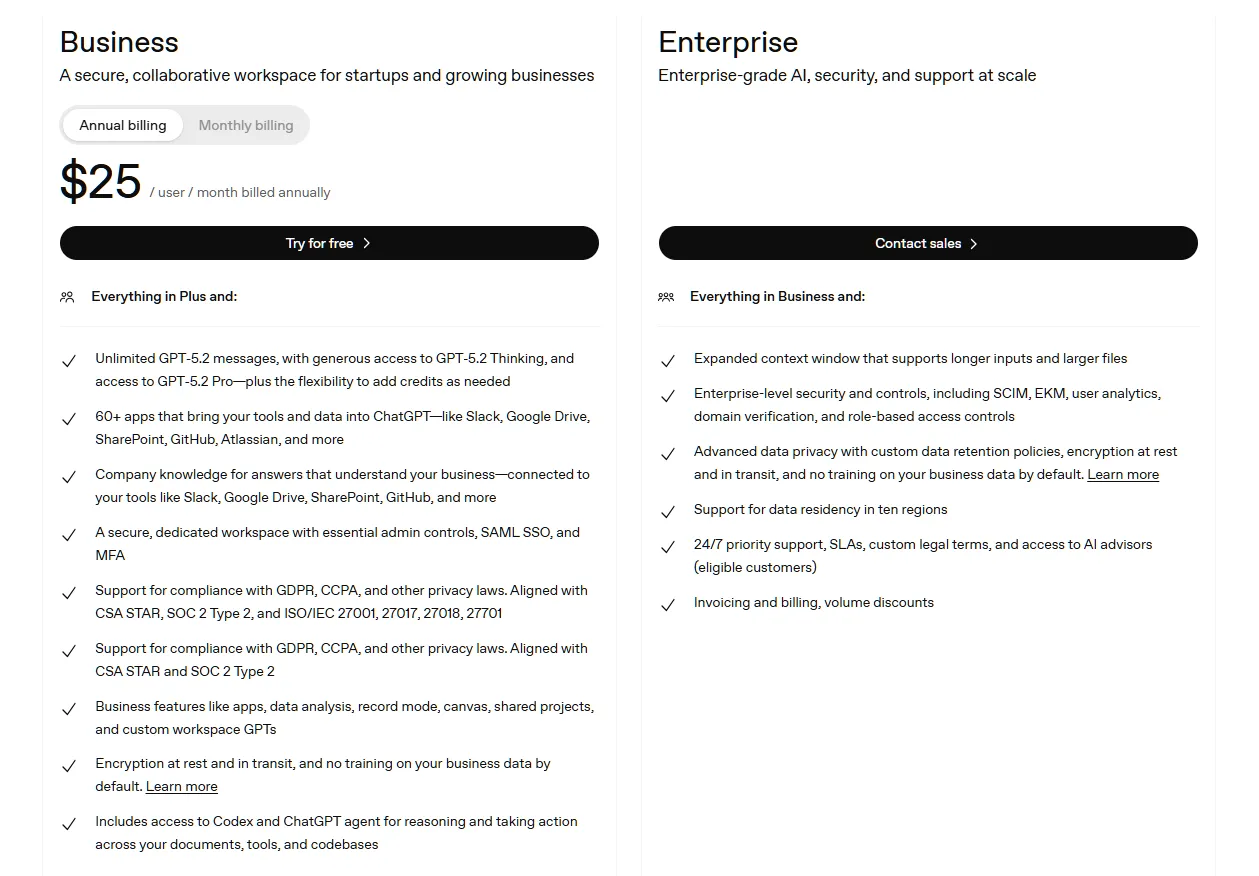 ChatGPT Team and Enterprise pricing for business users