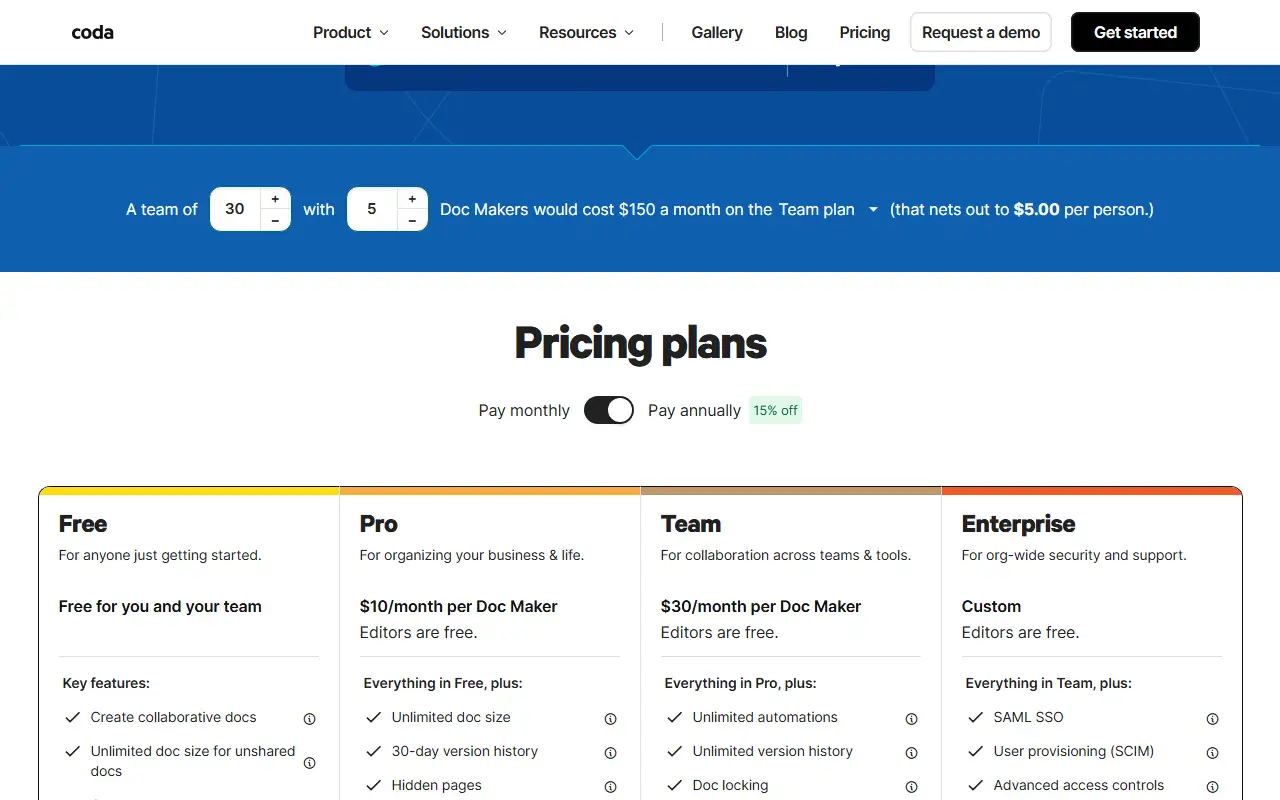 Coda pricing page showing Maker Billing model with Free, Pro ($10/mo), Team ($30/mo), and Enterprise plans