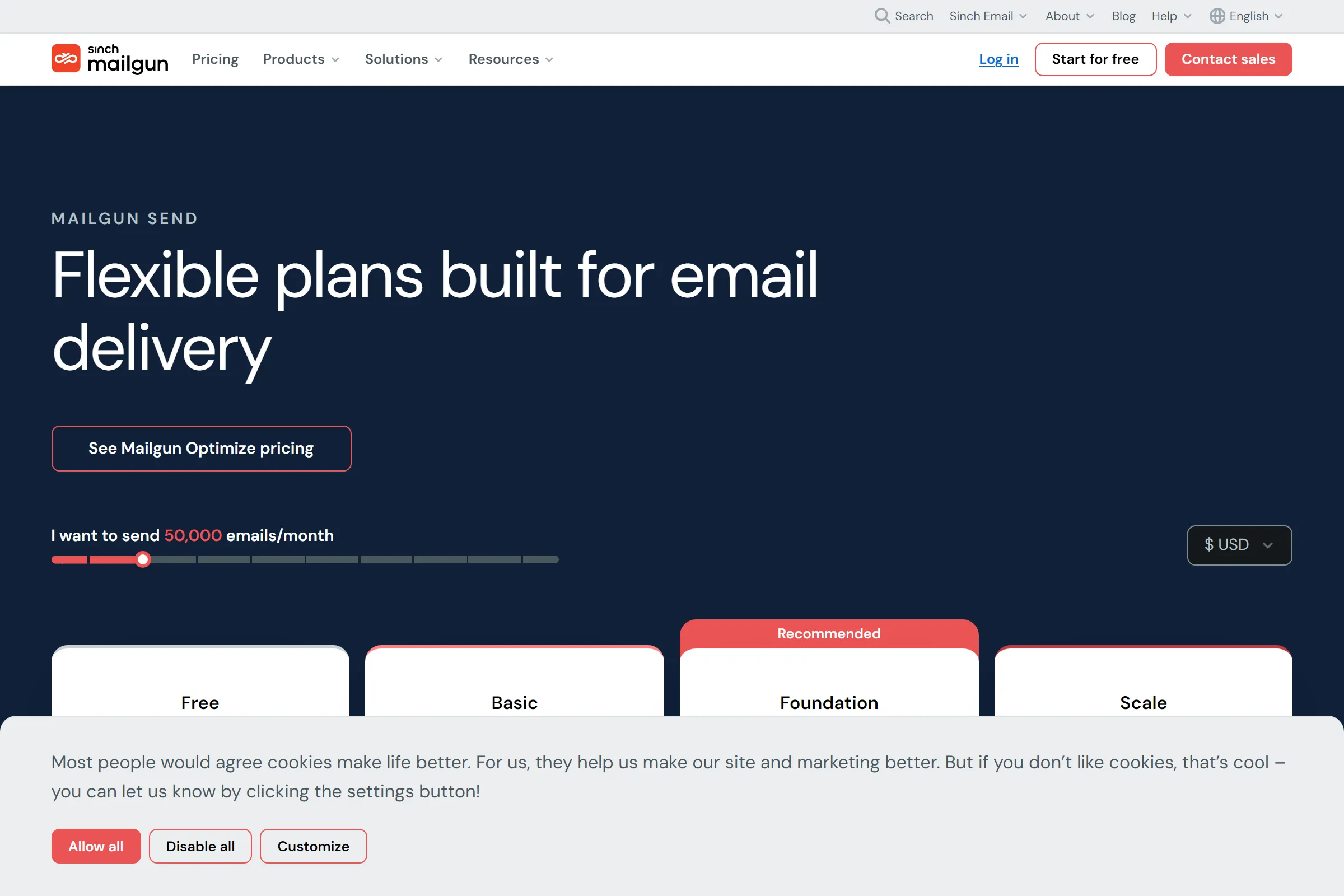 Mailgun pricing page header showing flexible plans for email delivery with Free, Basic, Foundation and Scale tiers