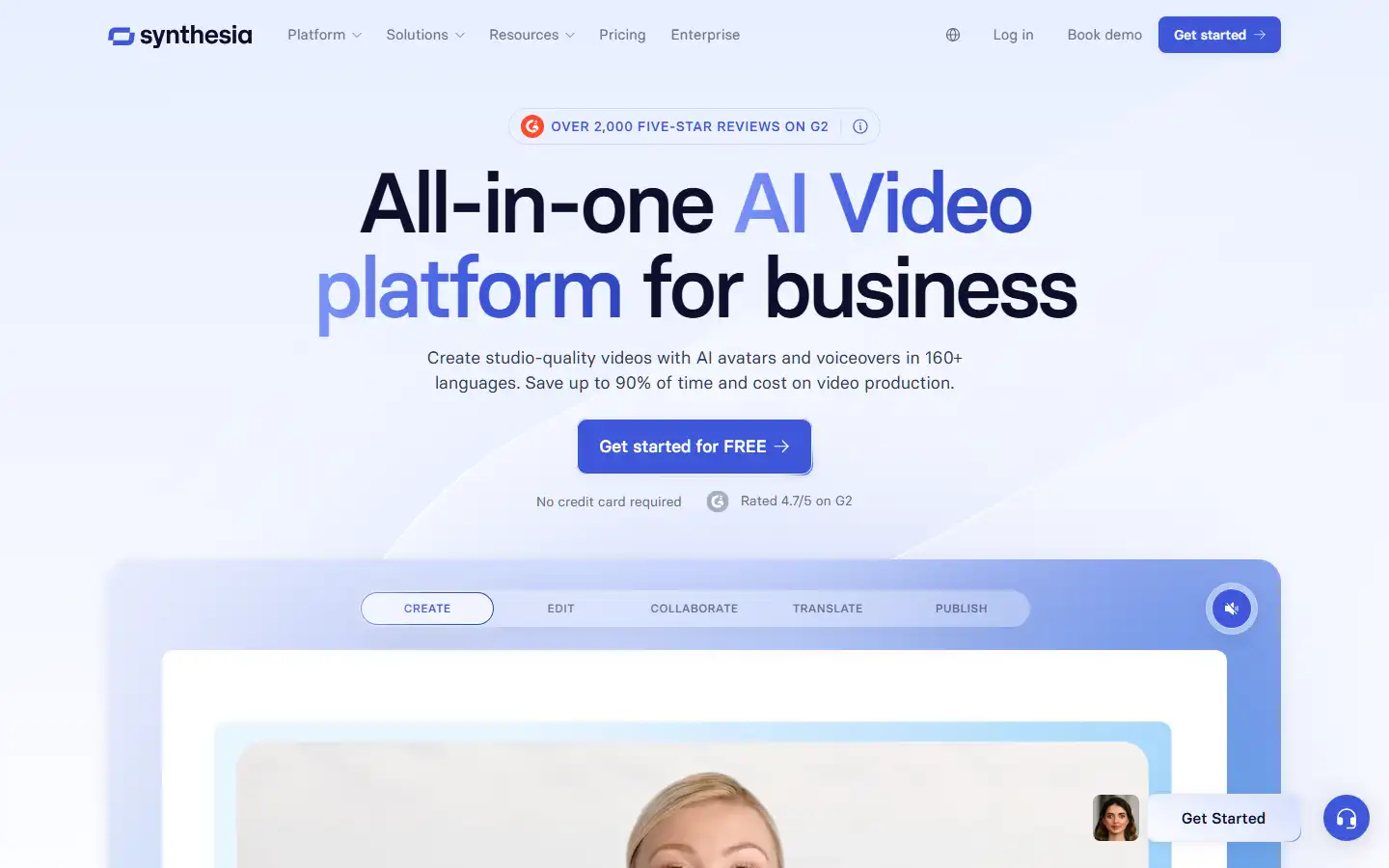 Synthesia homepage showing AI video generation platform with avatar-based video creation